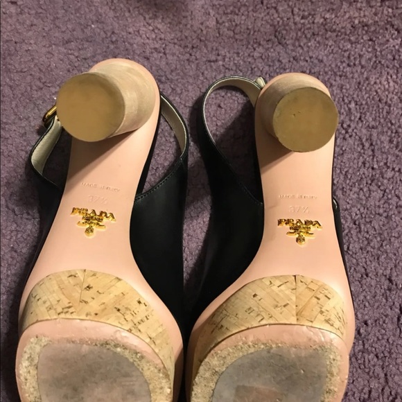 Prada black leather cork heel sling back open toe - Picture 5 of 12